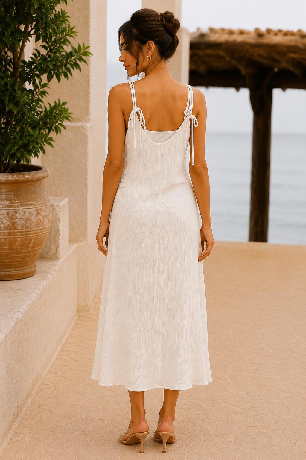 Textured Maxi Dress, Adjustable Tie Strap A-Line Sundress with Pockets, Women's Summer Dress