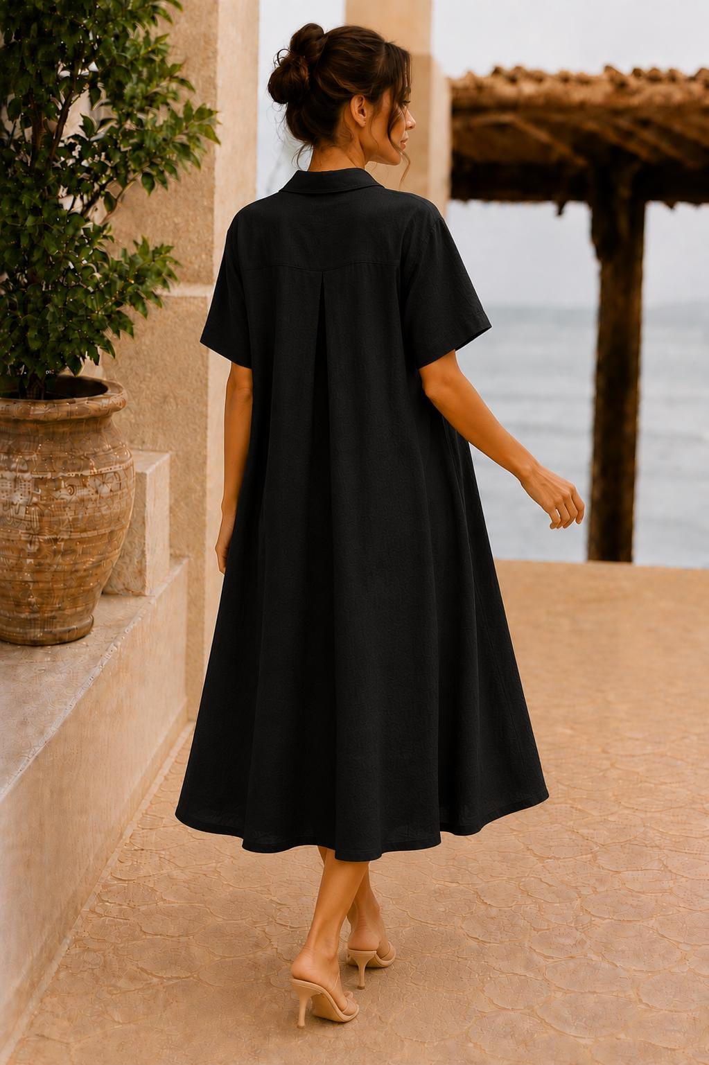 Women's Cotton Linen Midi Shirt Dress, Textured A-Line Dress with Pockets