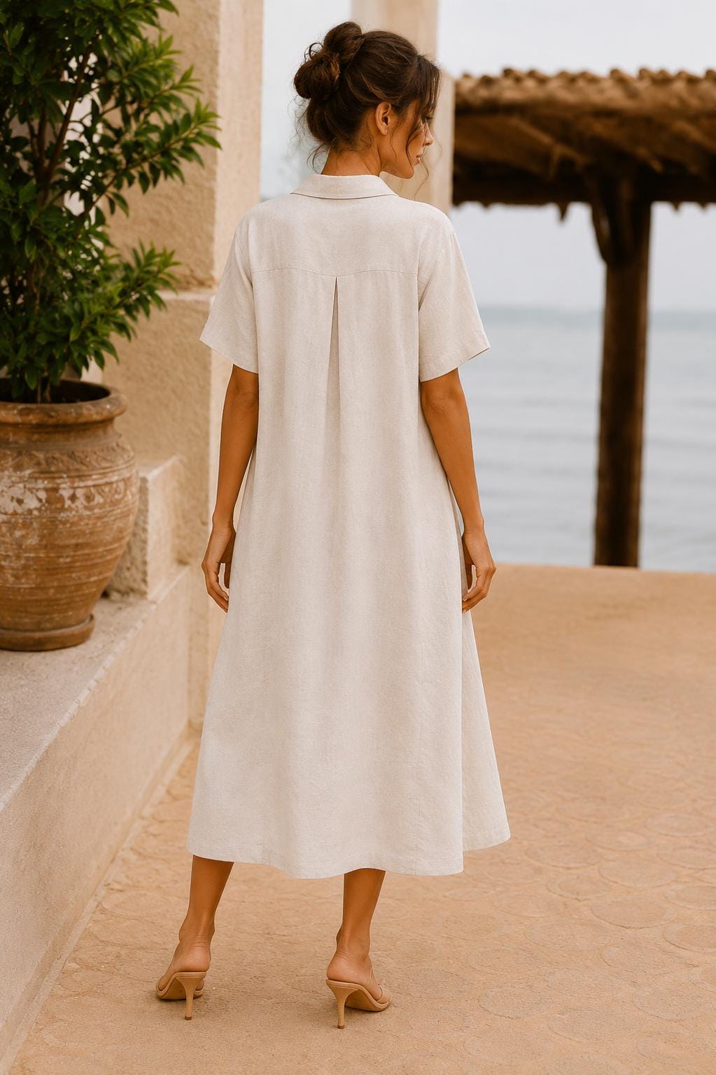Women's Cotton Linen Midi Shirt Dress, Textured A-Line Dress with Pockets