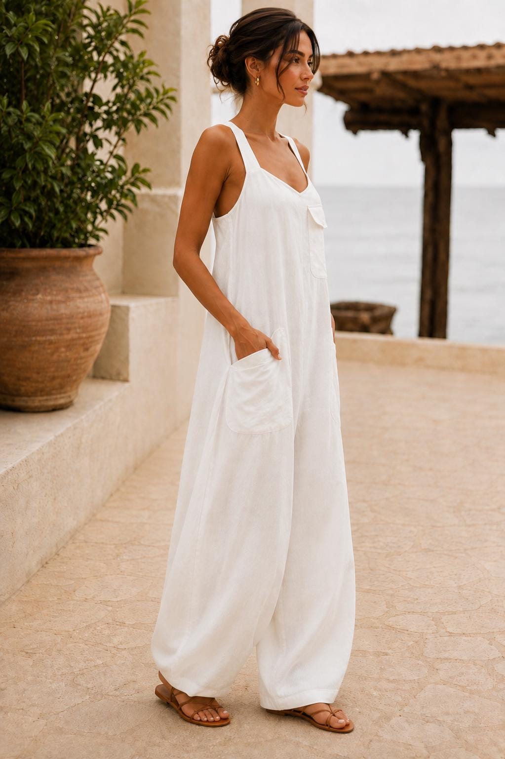 Women's Square Neck Backless Wide-Leg Jumpsuit  Sleeveless Summer Outfit
