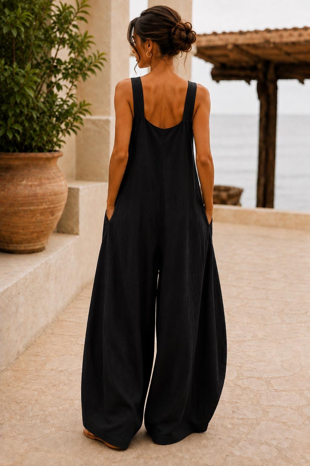 Women's Square Neck Backless Wide-Leg Jumpsuit  Sleeveless Summer Outfit