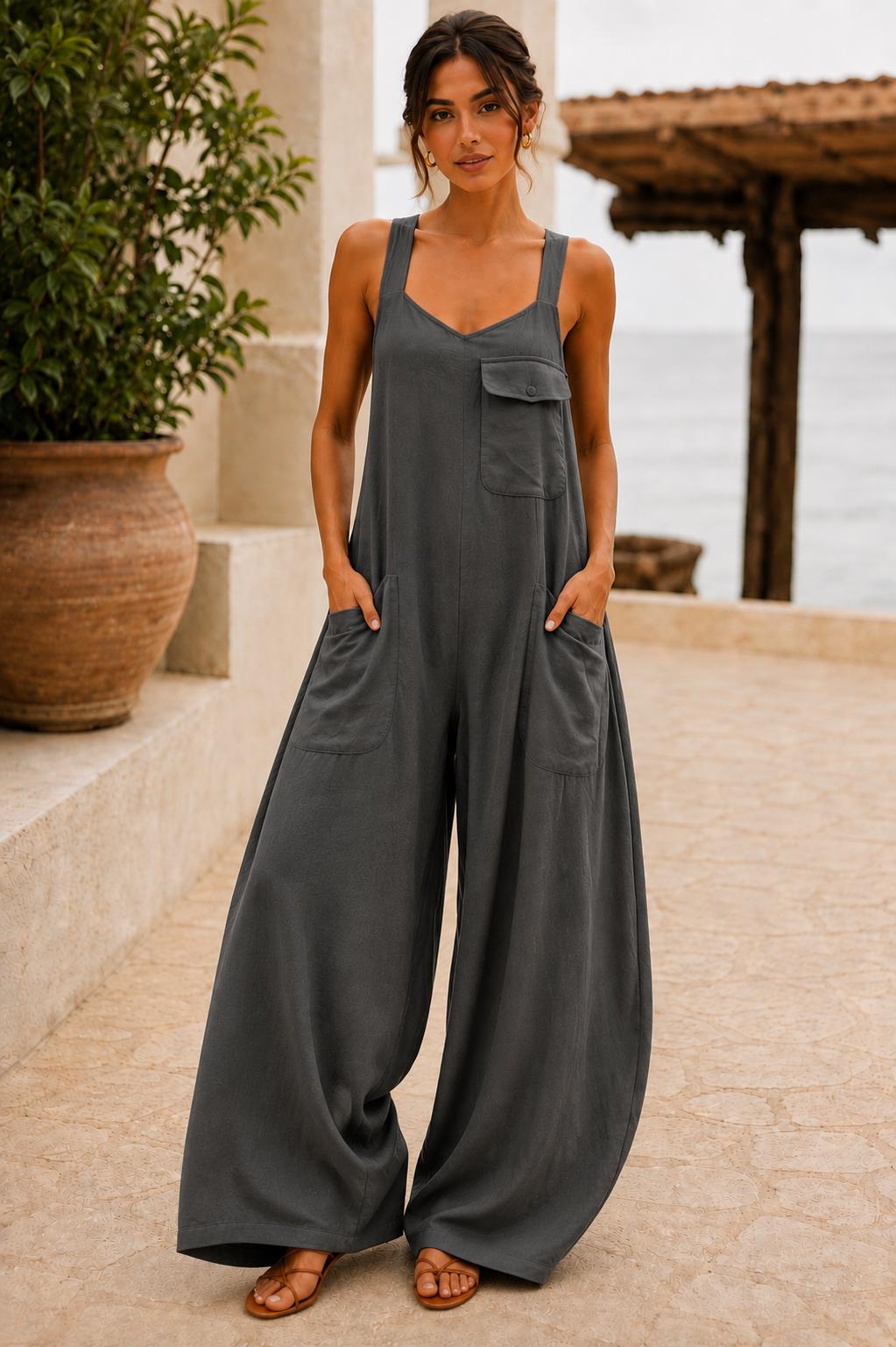 Women's Square Neck Backless Wide-Leg Jumpsuit  Sleeveless Summer Outfit