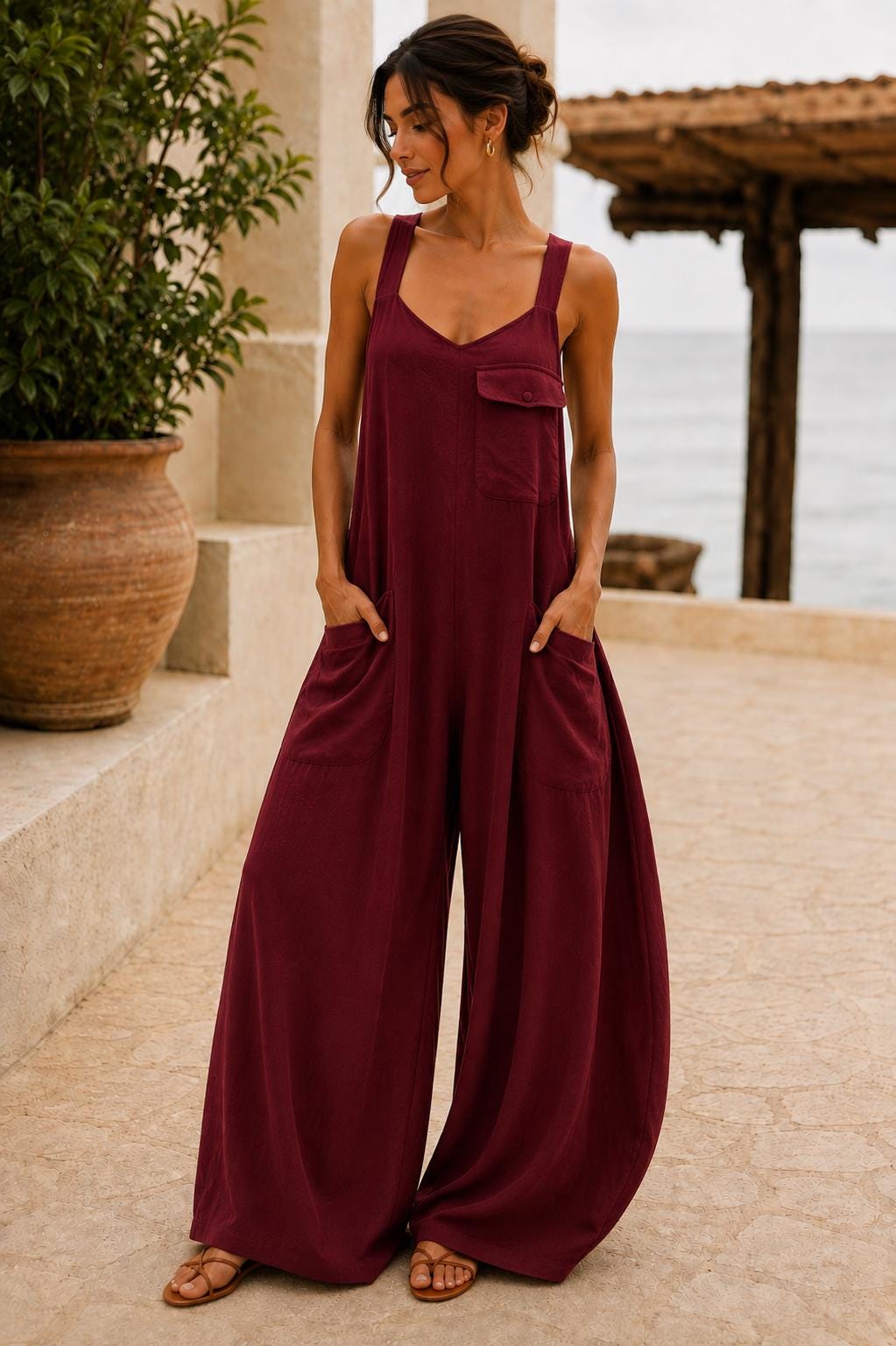 Women's Square Neck Backless Wide-Leg Jumpsuit  Sleeveless Summer Outfit
