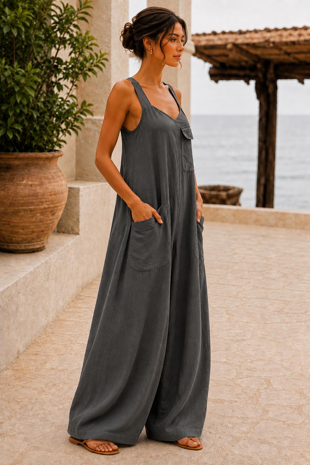 Women's Square Neck Backless Wide-Leg Jumpsuit  Sleeveless Summer Outfit