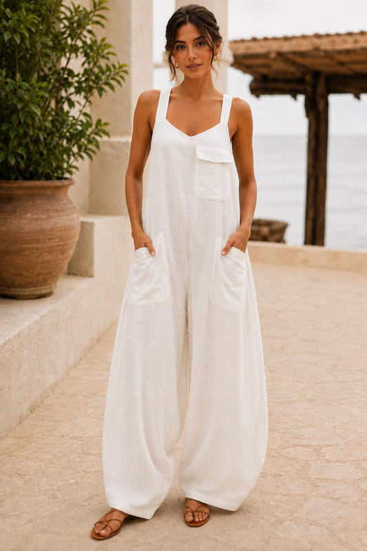 Women's Square Neck Backless Wide-Leg Jumpsuit  Sleeveless Summer Outfit